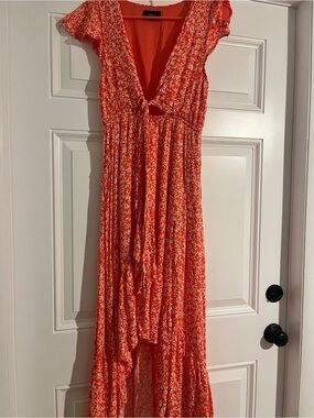capriccio satin floral ruffle maxi dress Capriccio Satin Floral Ruffle Maxi Dress